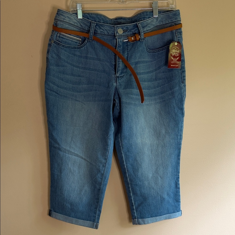 Faded Glory Medium Blue Cropped Jeans with Brown Belt
